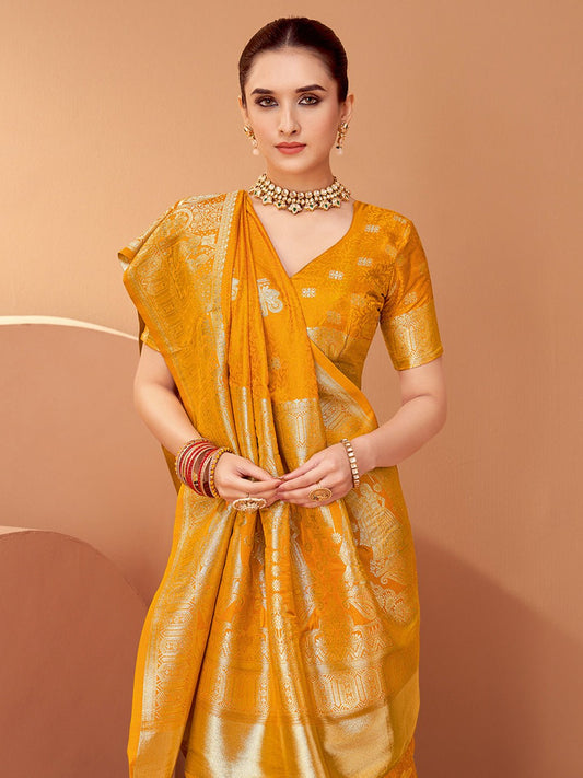 Heritage Mustard Yellow Banarasi Silk Blend Saree - Ressa