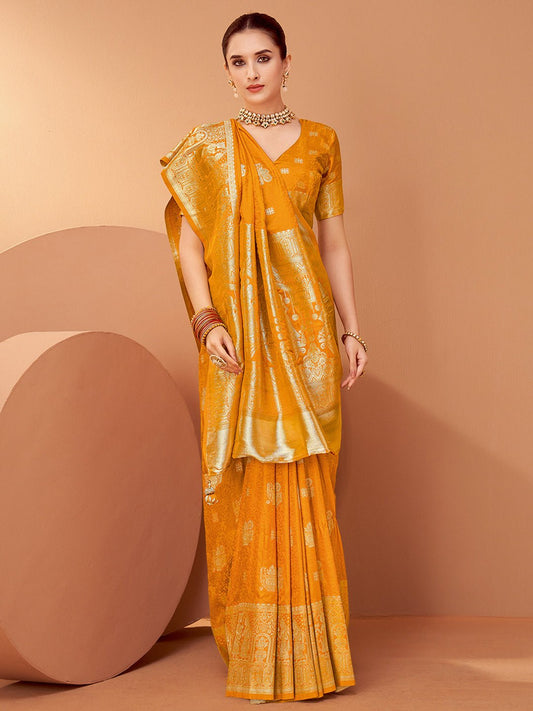 Heritage Mustard Yellow Banarasi Silk Blend Saree - Ressa