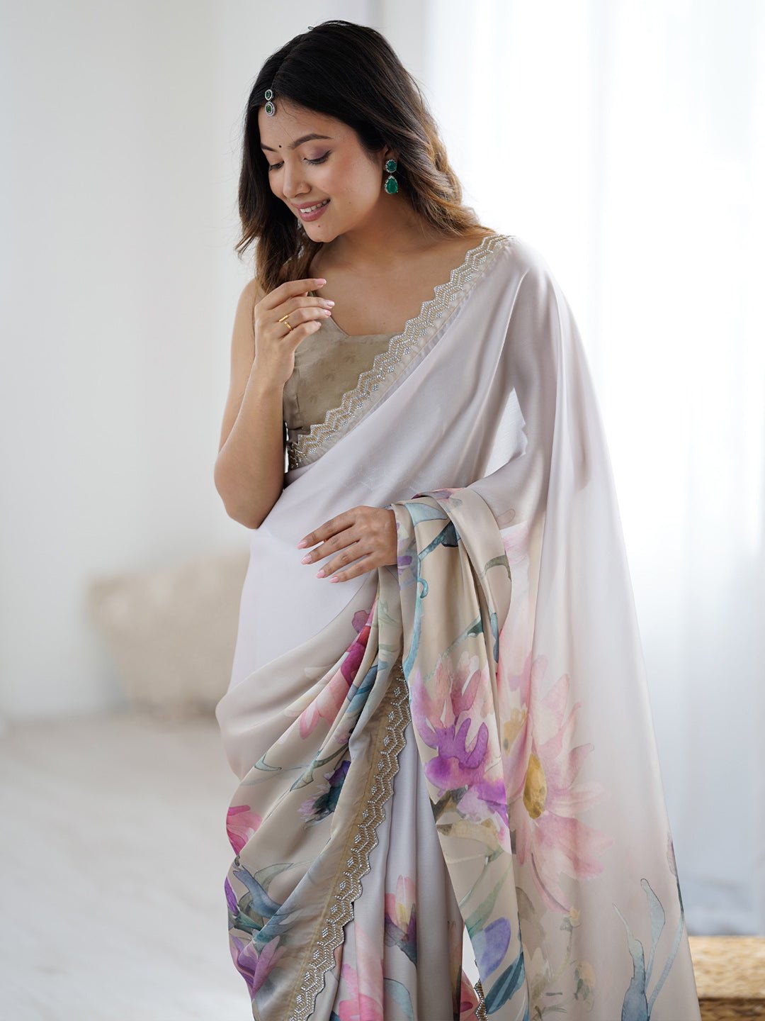 Heritage Off-White and Cream Floral Saree - Ressa