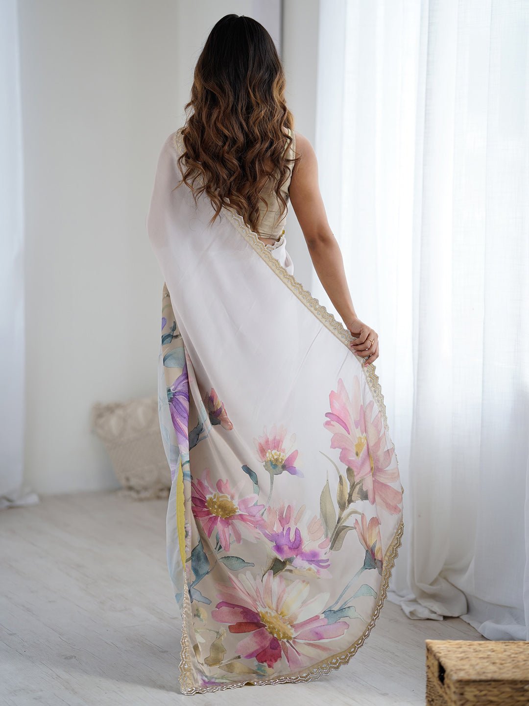 Heritage Off-White and Cream Floral Saree - Ressa