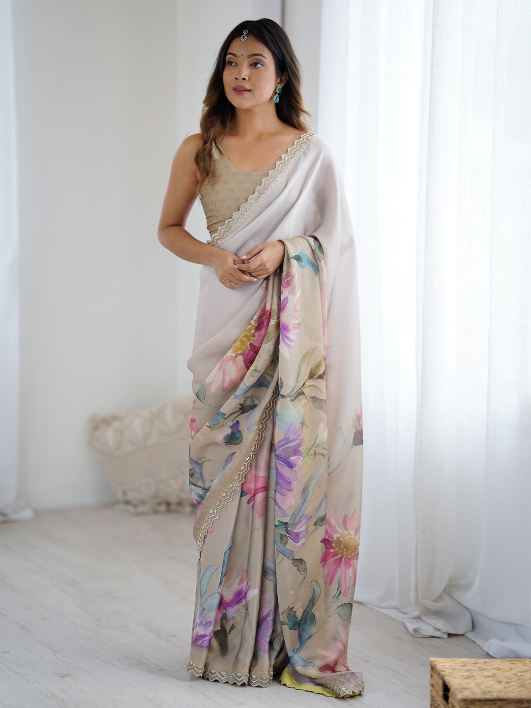 Heritage Off-White and Cream Floral Saree - Ressa
