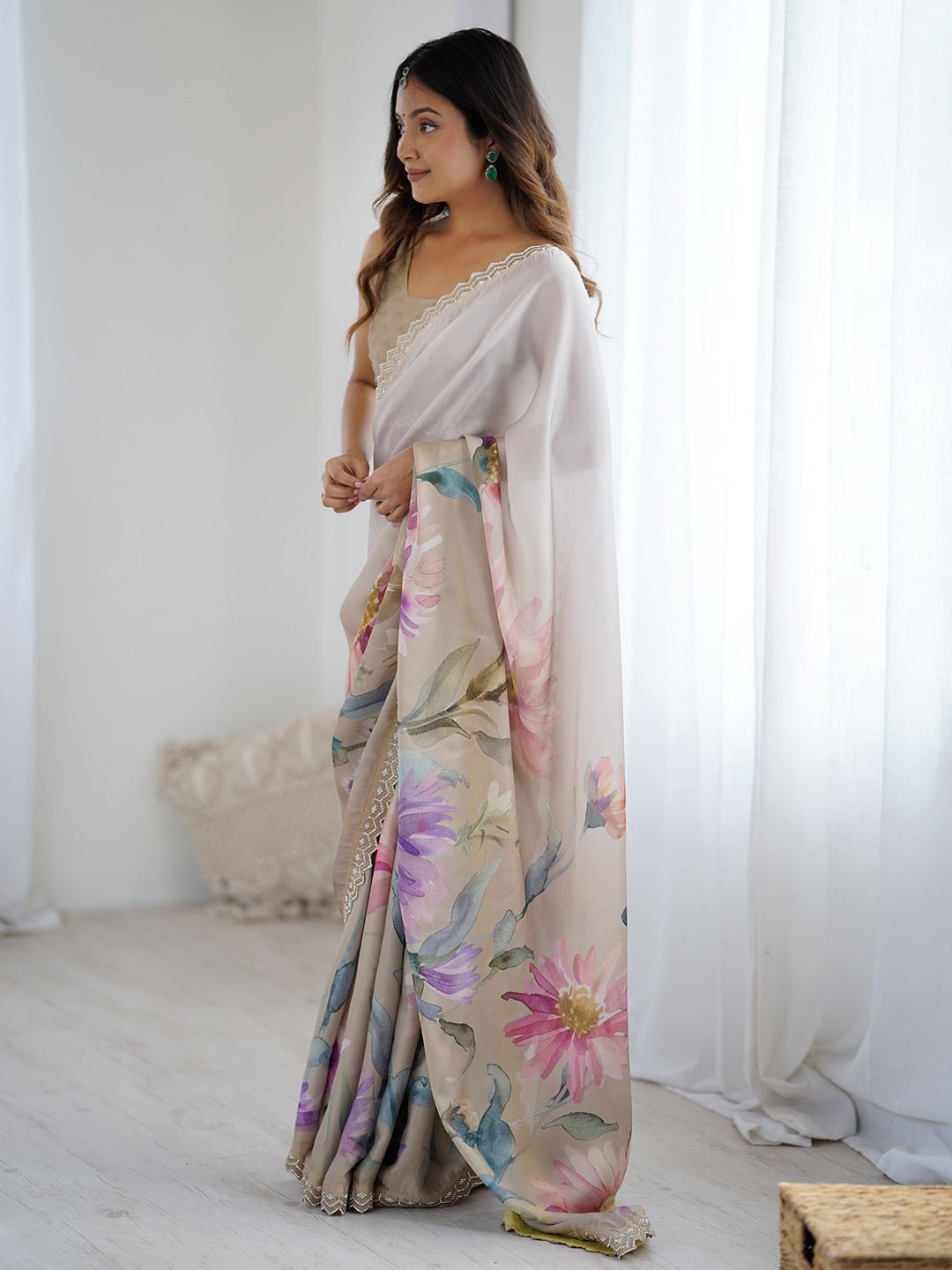 Heritage Off-White and Cream Floral Saree - Ressa