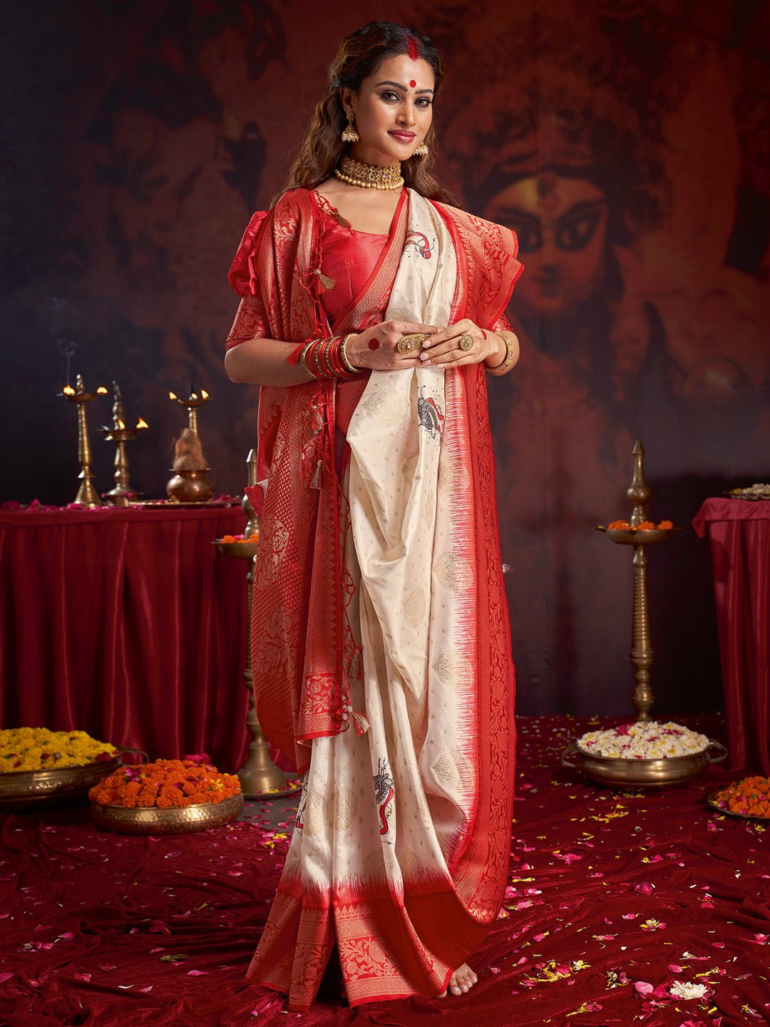 Heritage Off-White and Red Banarasi Silk Blend Saree - Ressa