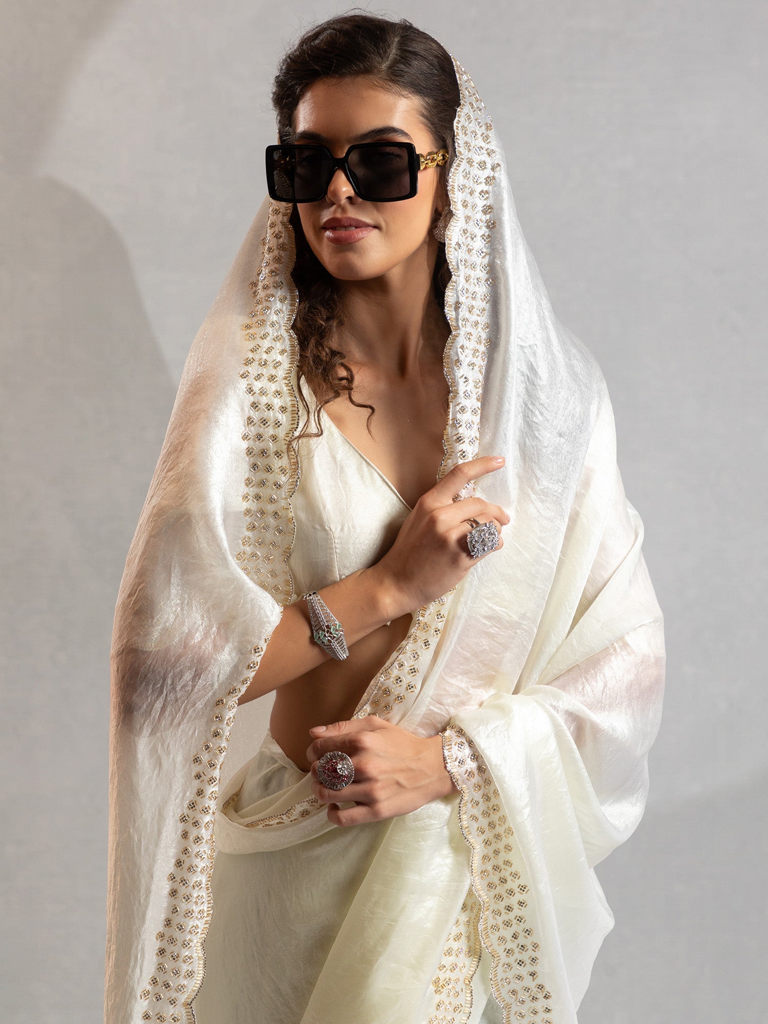 Heritage Off-White Fendi Satin Saree - Ressa