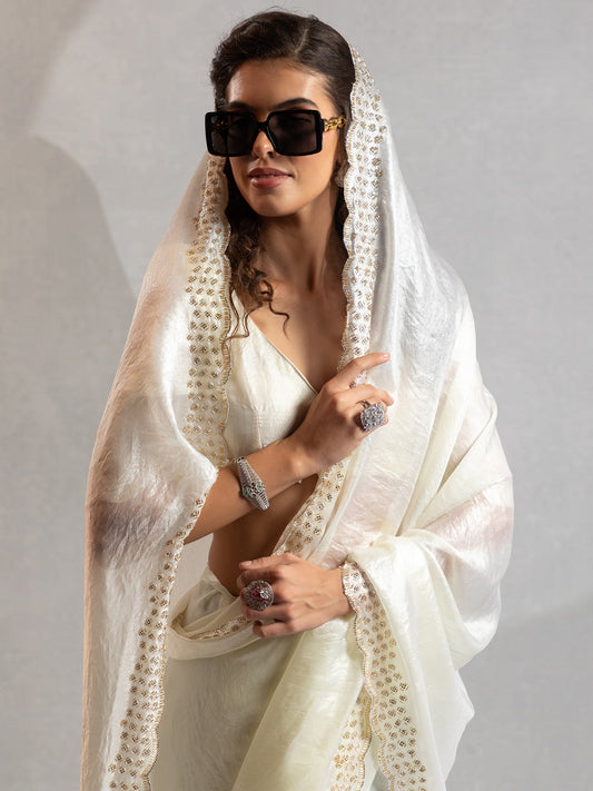 Heritage Off-White Fendi Satin Saree - Ressa