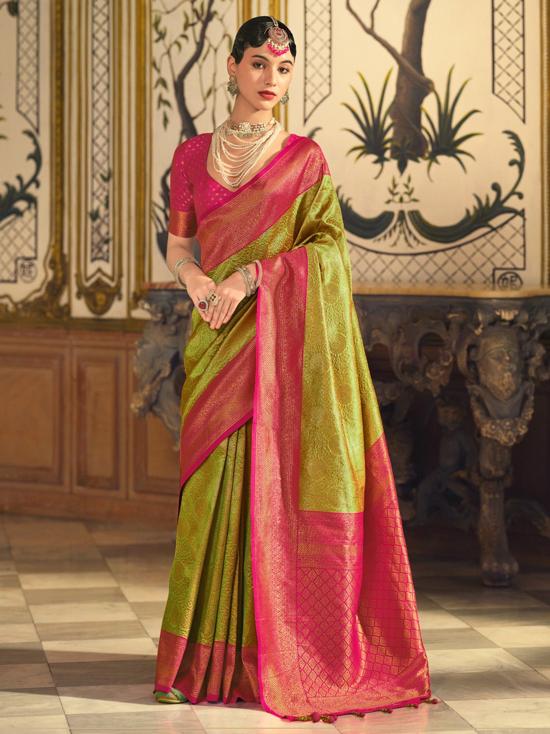 Heritage Olive Green and Pink Banarasi Saree - Ressa