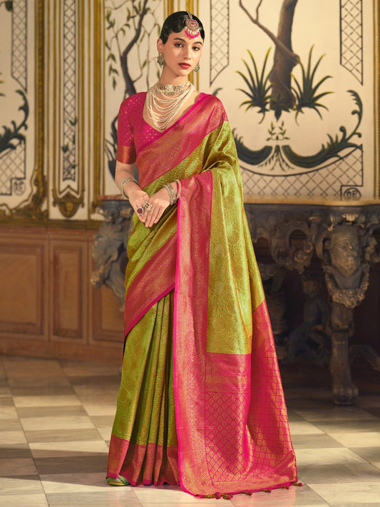 Heritage Olive Green and Pink Banarasi Saree - Ressa