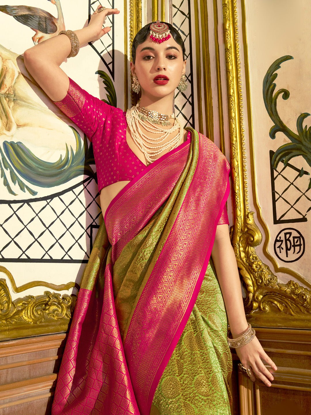 Heritage Olive Green and Pink Banarasi Saree - Ressa