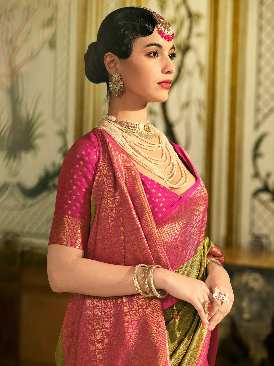 Heritage Olive Green and Pink Banarasi Saree - Ressa