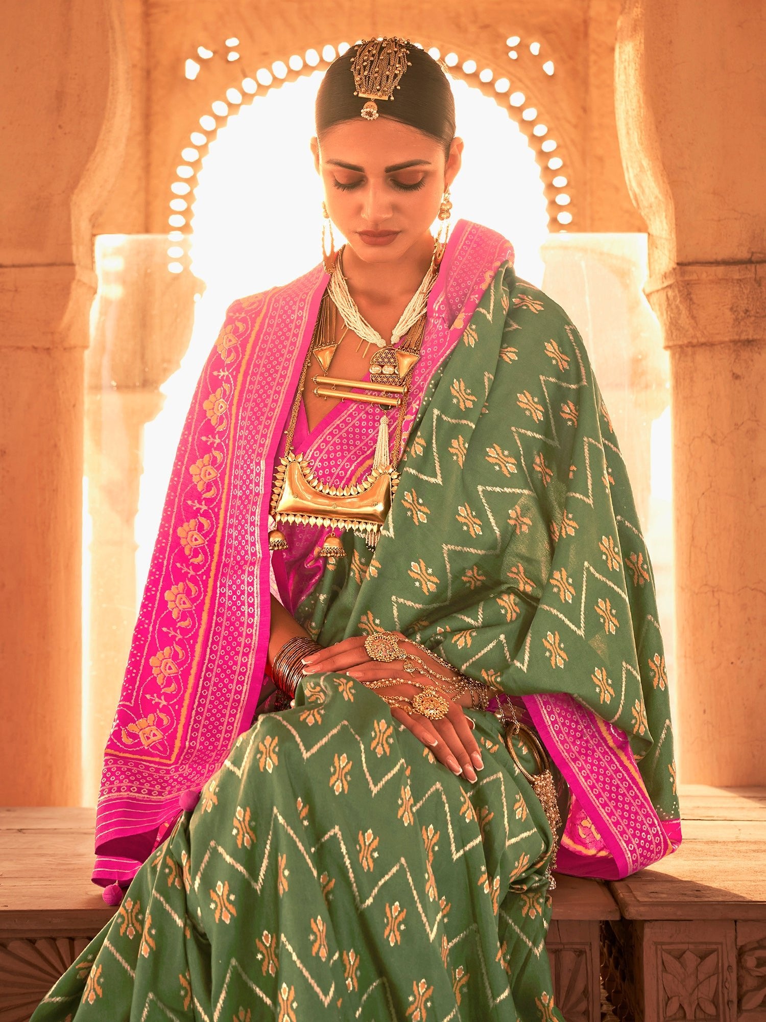 Heritage Sage Green and Pink Patola Silk Blend Saree - Ressa