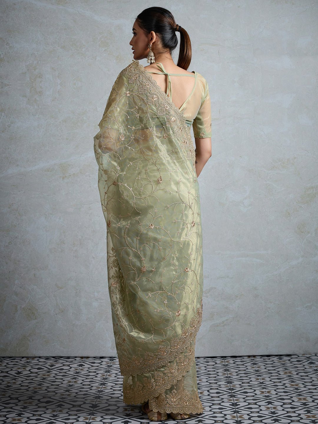 Heritage Sage Green Silk Blend Saree - Ressa