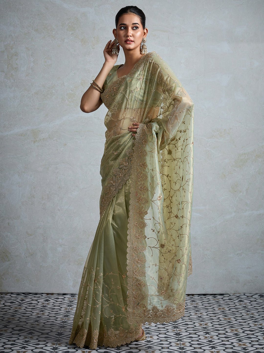Heritage Sage Green Silk Blend Saree - Ressa