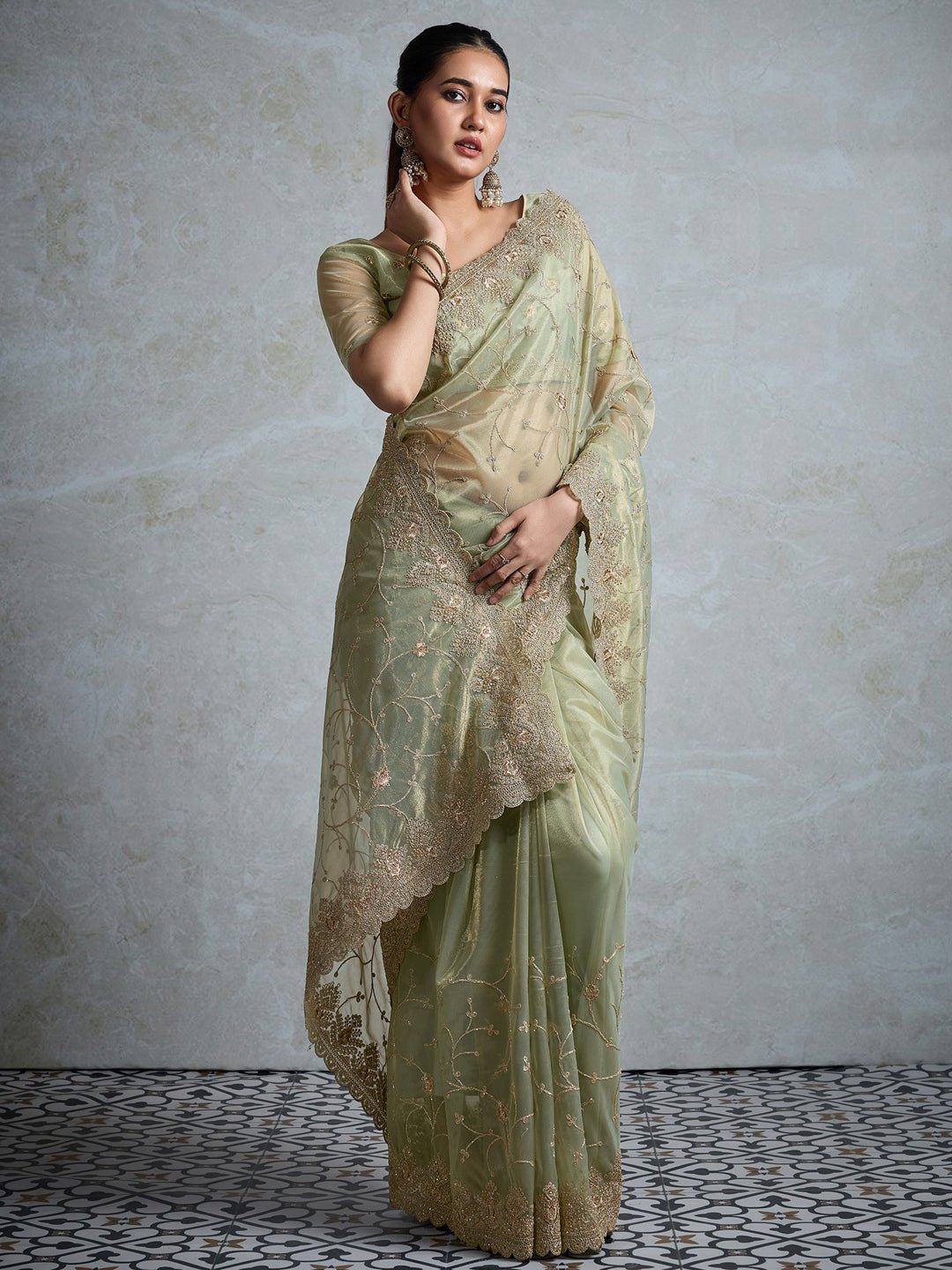 Heritage Sage Green Silk Blend Saree - Ressa