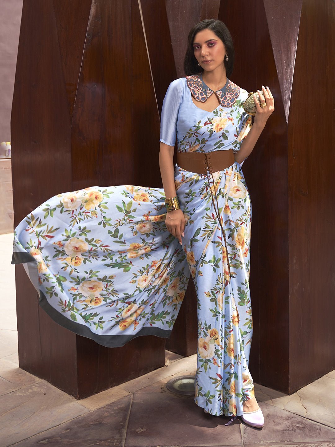 Heritage Sky Blue Floral Saree - Ressa