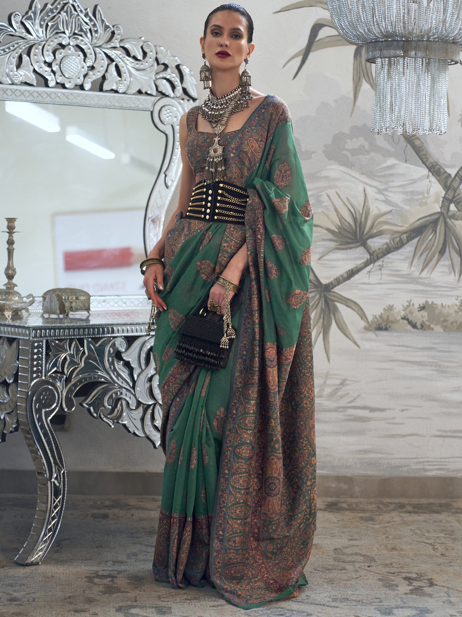 Heritage Teal Green Silk Blend Zari Woven Saree - Ressa