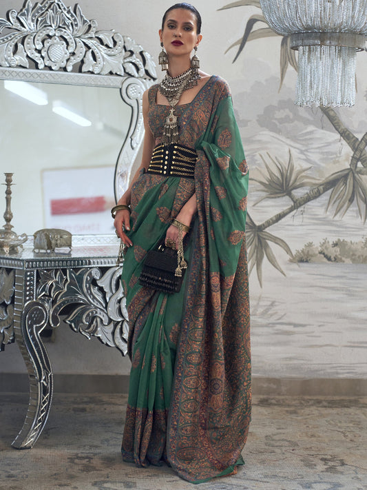 Heritage Teal Green Silk Blend Zari Woven Saree - Ressa