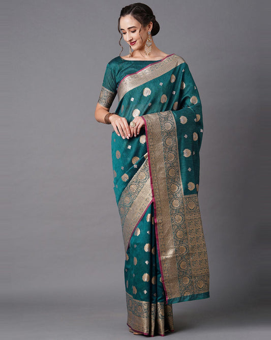 Heritage Teal Silk Blend Banarasi Saree - Ressa