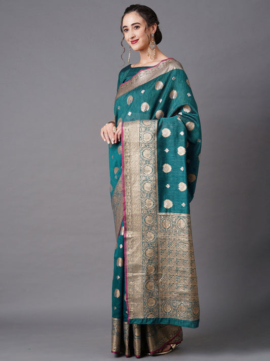 Heritage Teal Silk Blend Banarasi Saree - Ressa