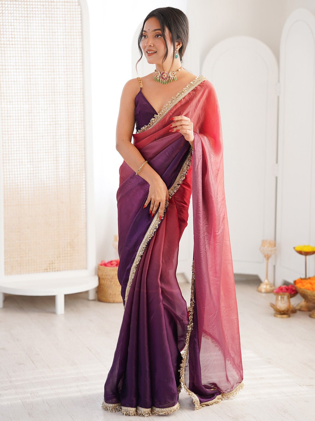 Heritage Violet and Pink Silk Blend Saree - Ressa