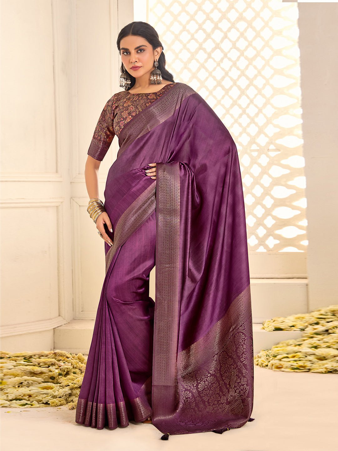 Heritage Violet Silk Blend Saree - Ressa