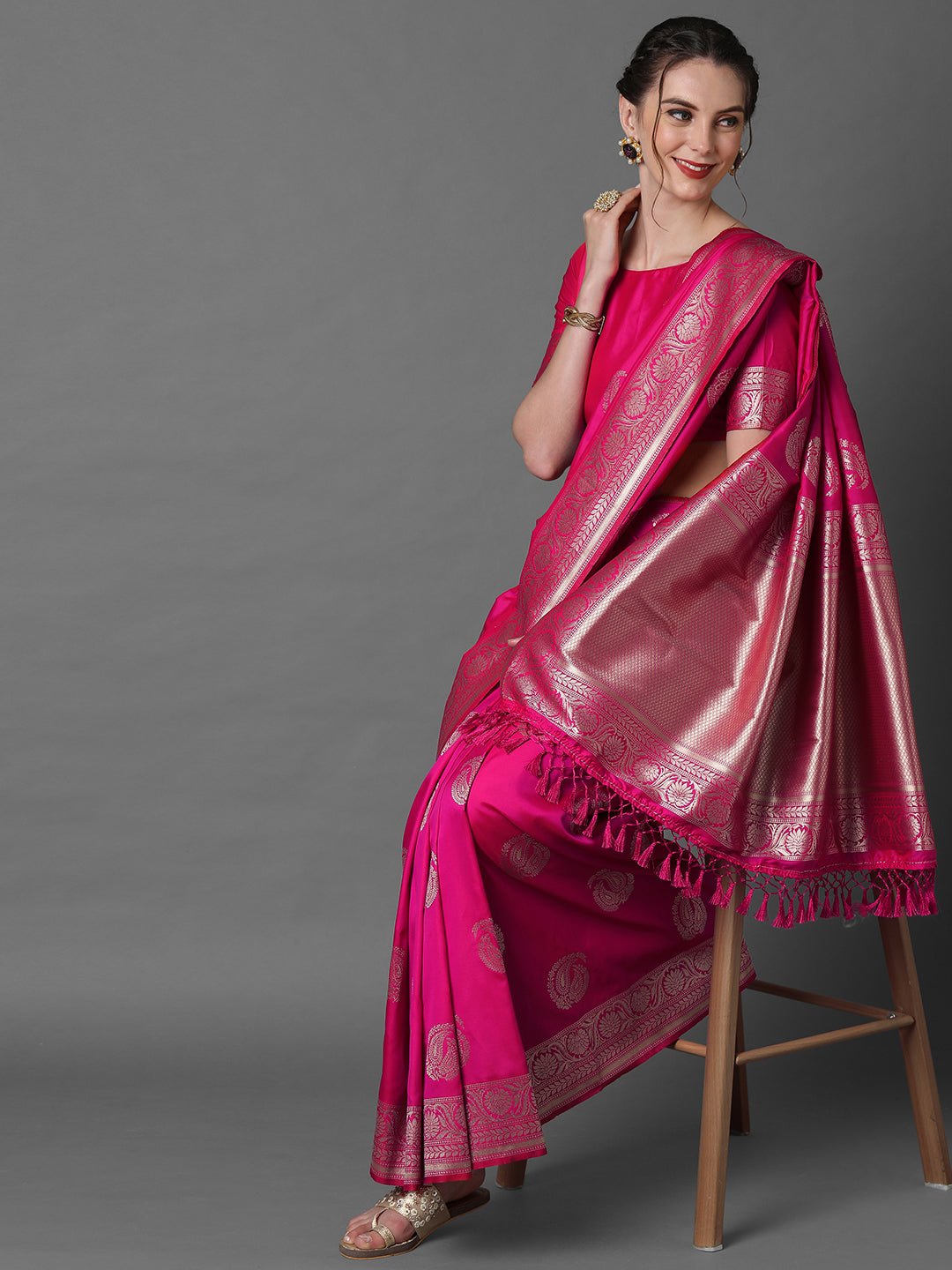 Hot Pink Banarasi Silk Saree with Gold Zari Butties - Ressa