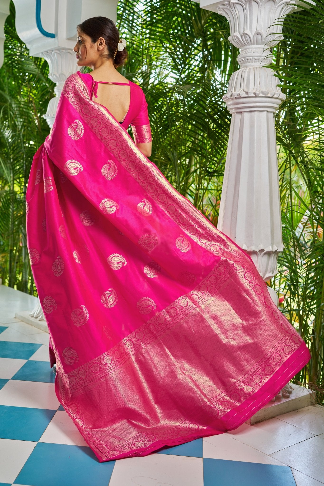 Hot Pink Banarasi Silk Saree with Gold Zari Butties - Ressa