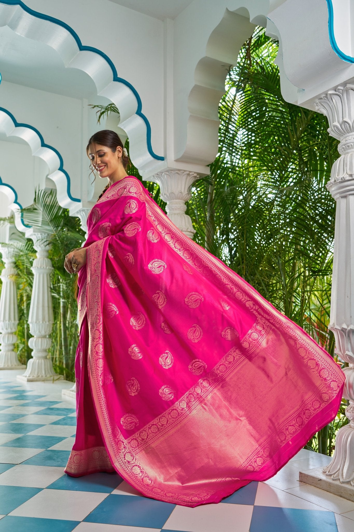 Hot Pink Banarasi Silk Saree with Gold Zari Butties - Ressa