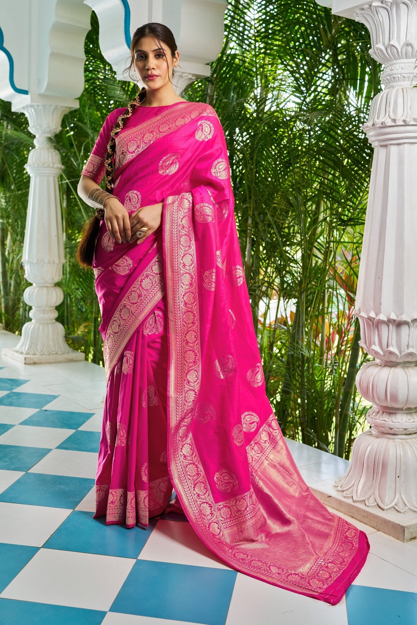 Hot Pink Banarasi Silk Saree with Gold Zari Butties - Ressa