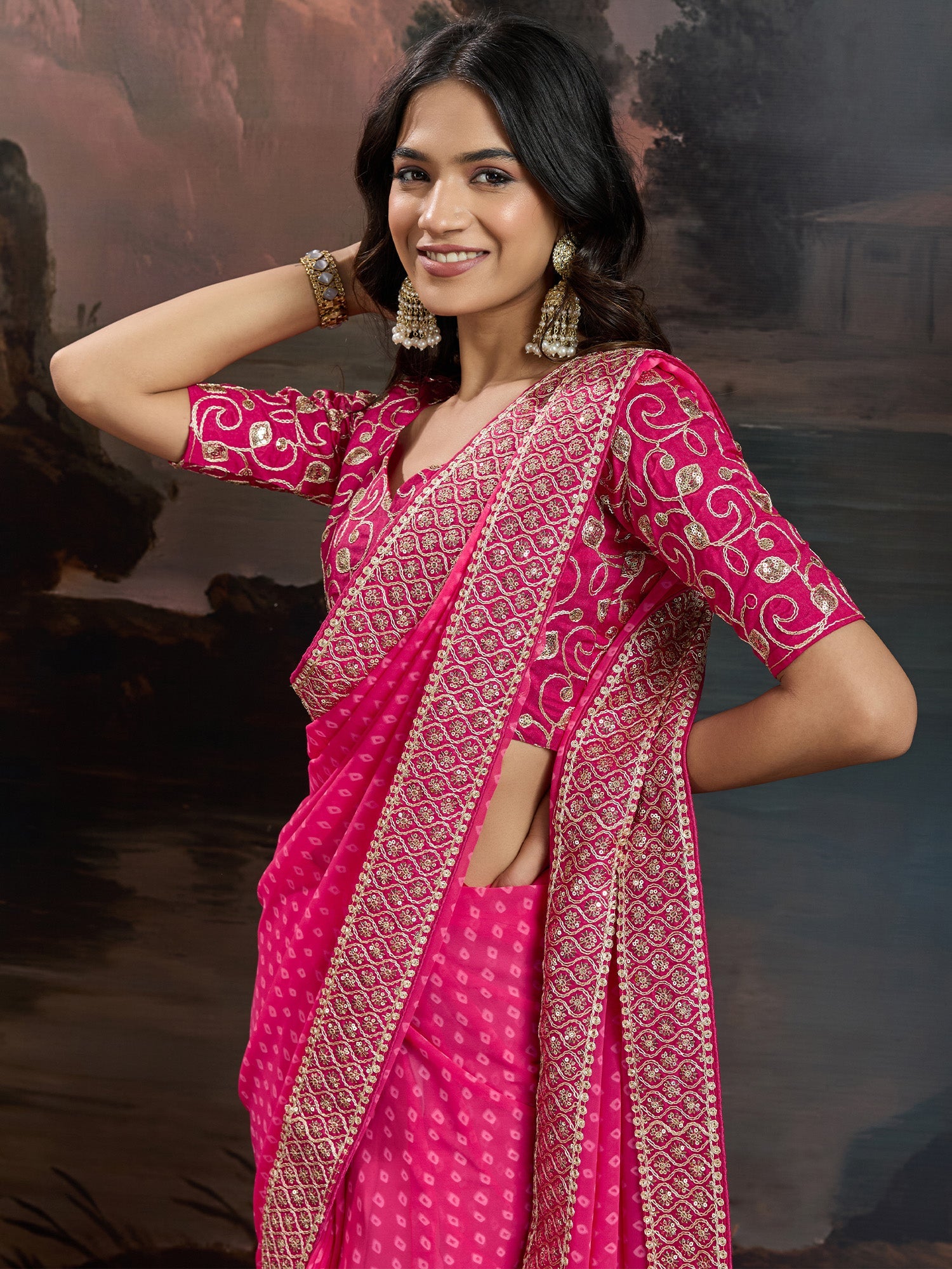 HOT PINK BANDHANI GEORGETTE SAREE - Ressa