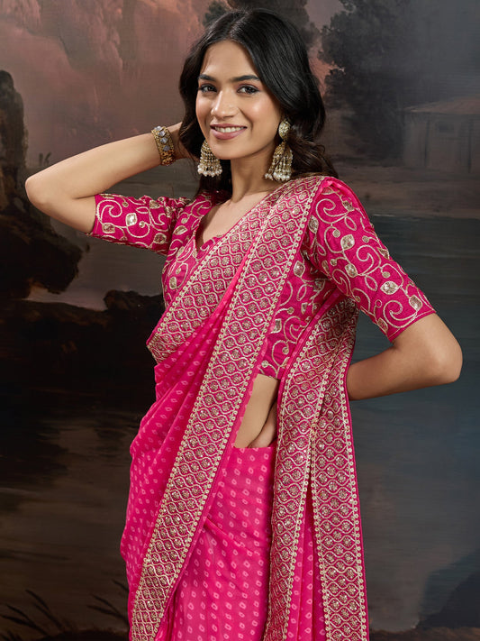 HOT PINK BANDHANI GEORGETTE SAREE - Ressa