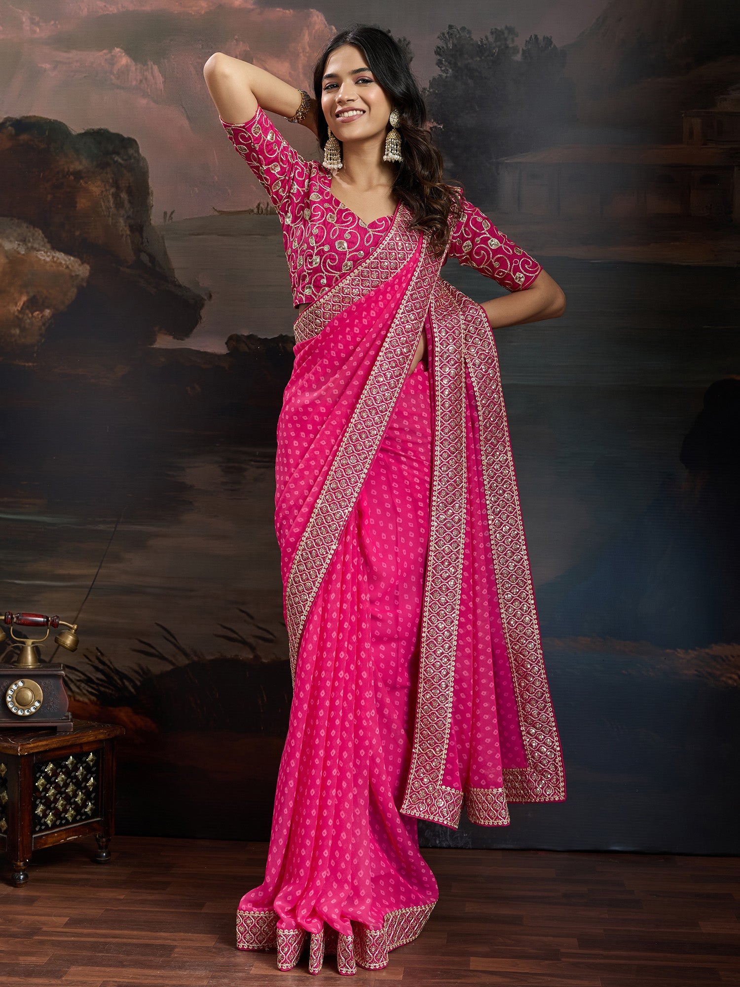 HOT PINK BANDHANI GEORGETTE SAREE - Ressa