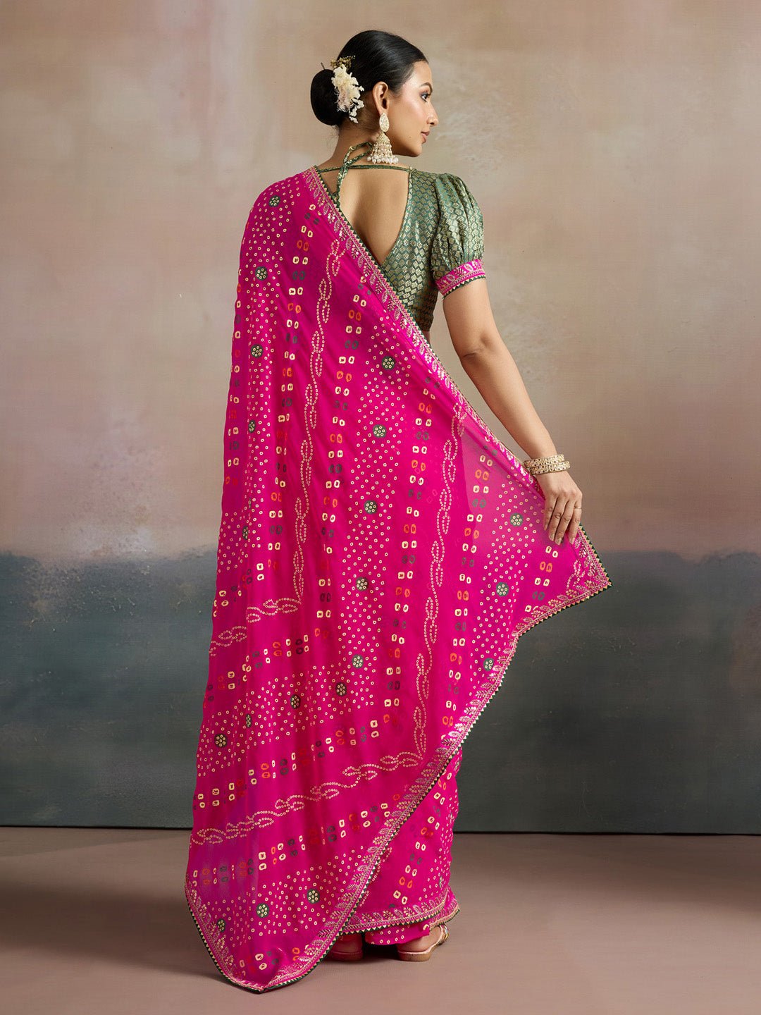 Hot Pink Bandhani Georgette Saree - Ressa
