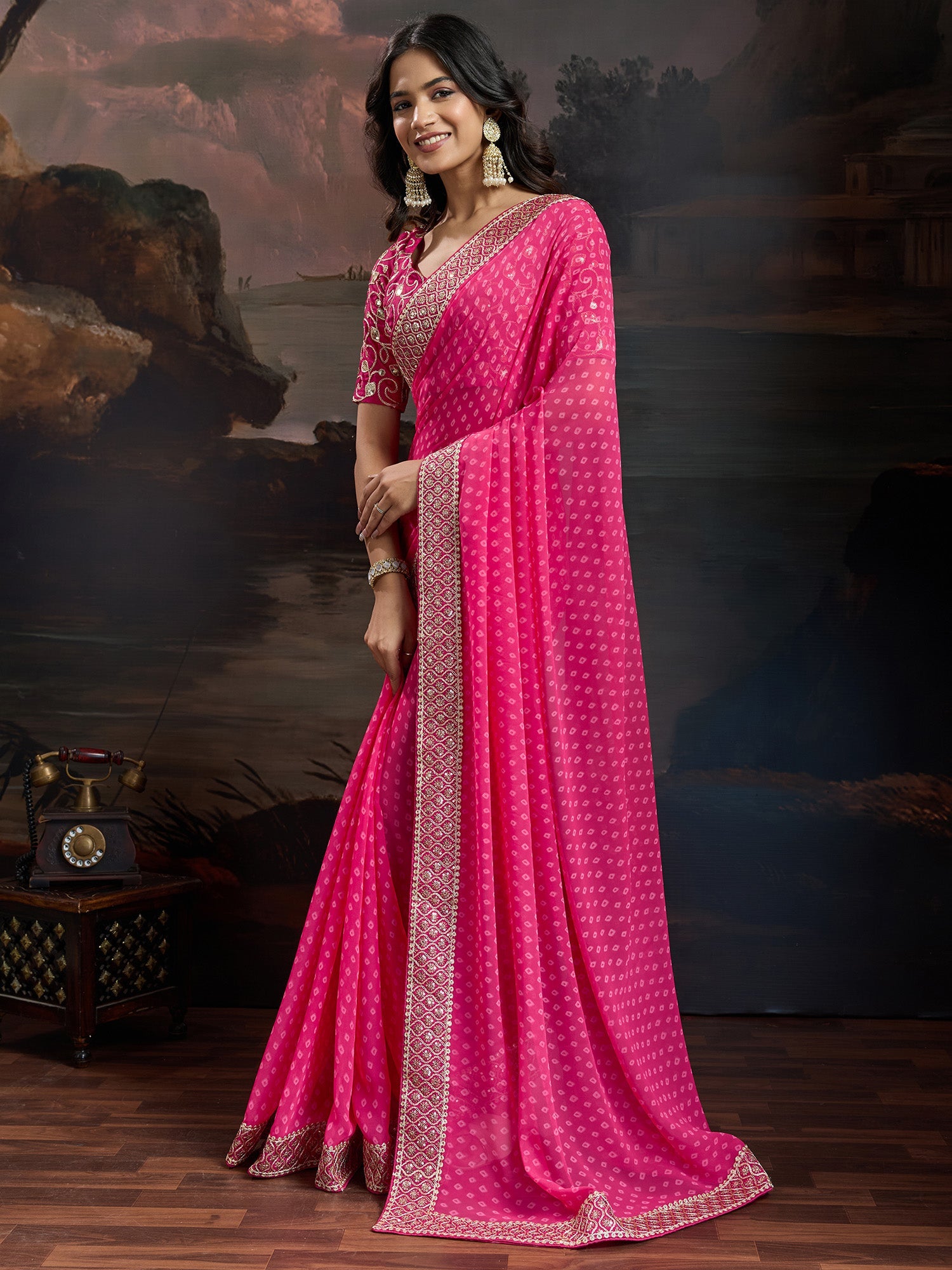HOT PINK BANDHANI GEORGETTE SAREE - Ressa