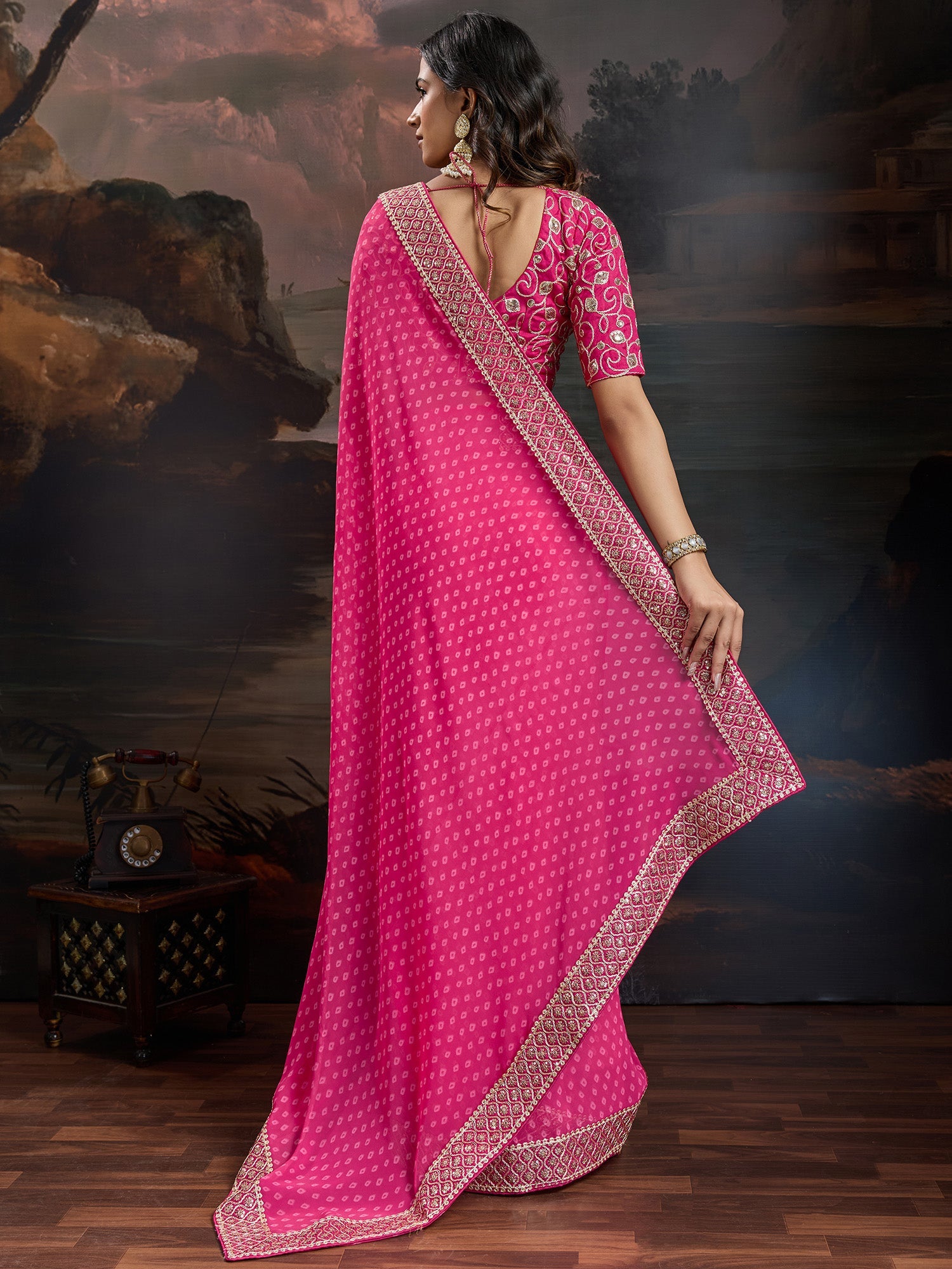 HOT PINK BANDHANI GEORGETTE SAREE - Ressa