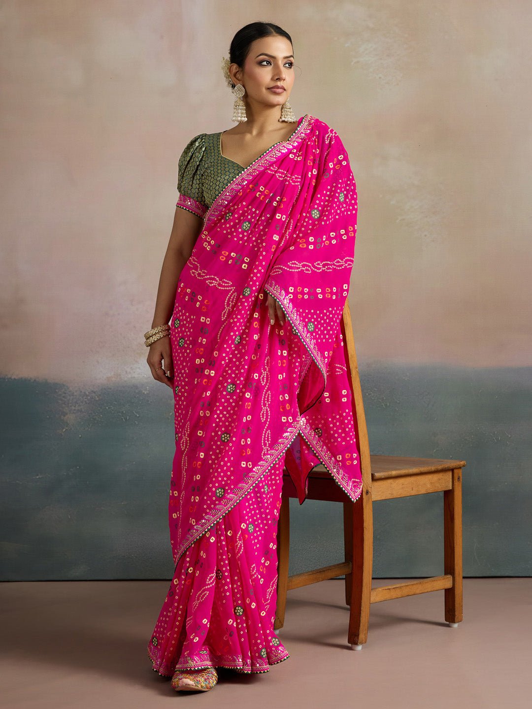 Hot Pink Bandhani Georgette Saree - Ressa