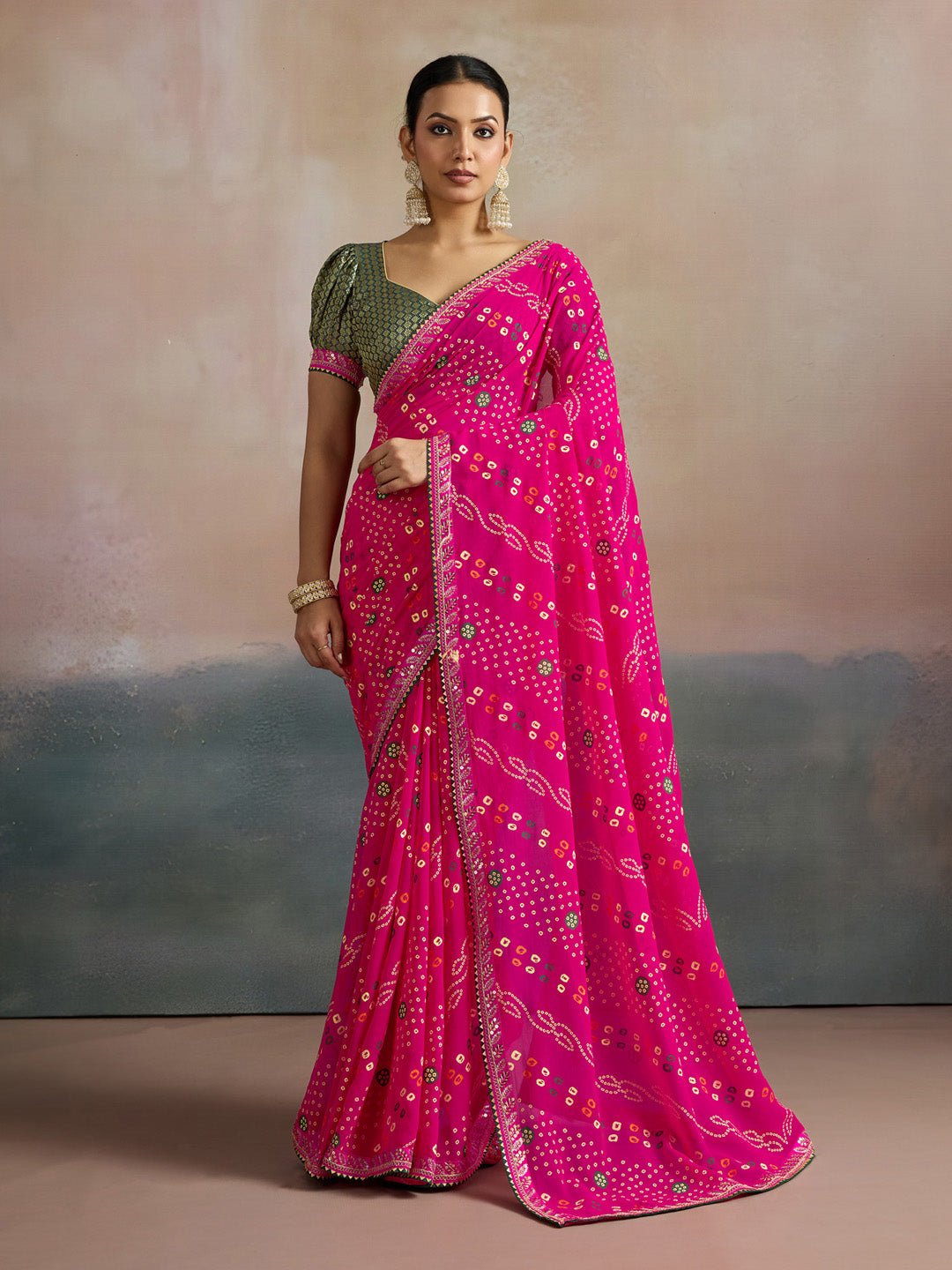 Hot Pink Bandhani Georgette Saree - Ressa