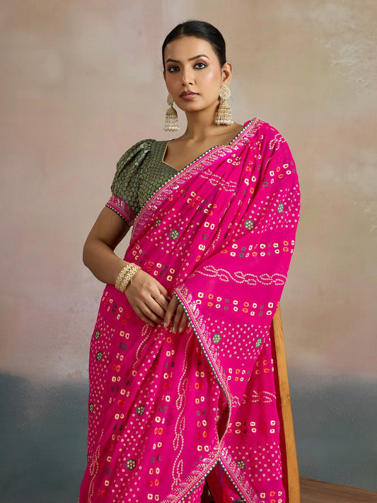 Hot Pink Bandhani Georgette Saree - Ressa