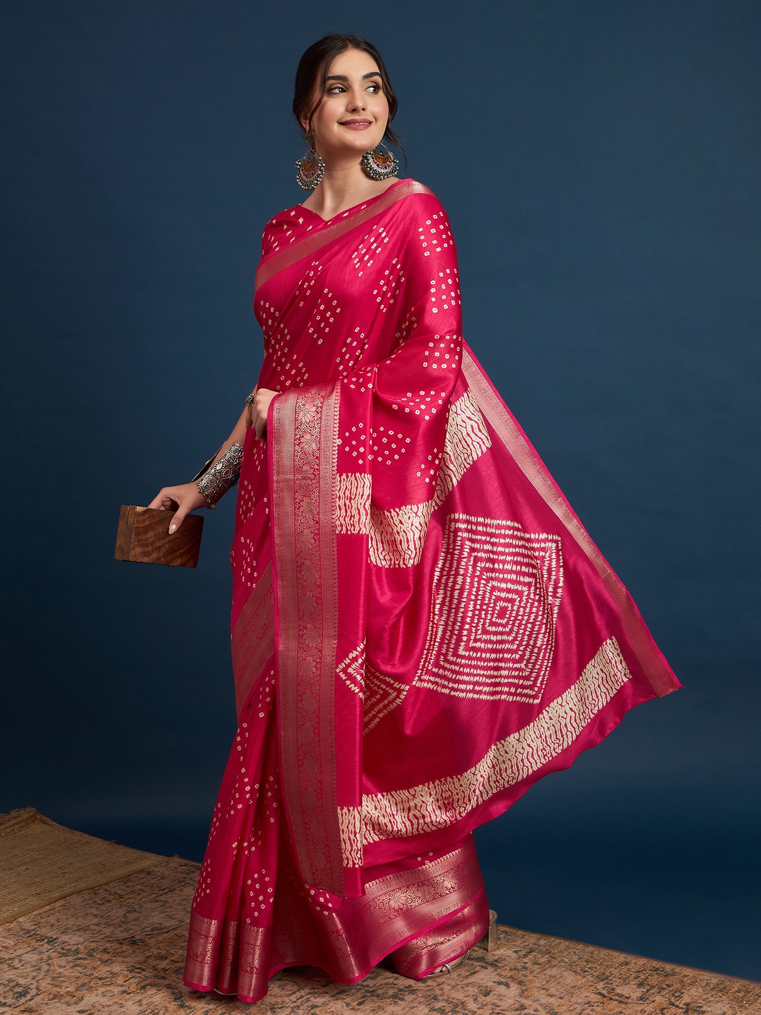 Hot Pink Bandhani Silk Saree - Ressa