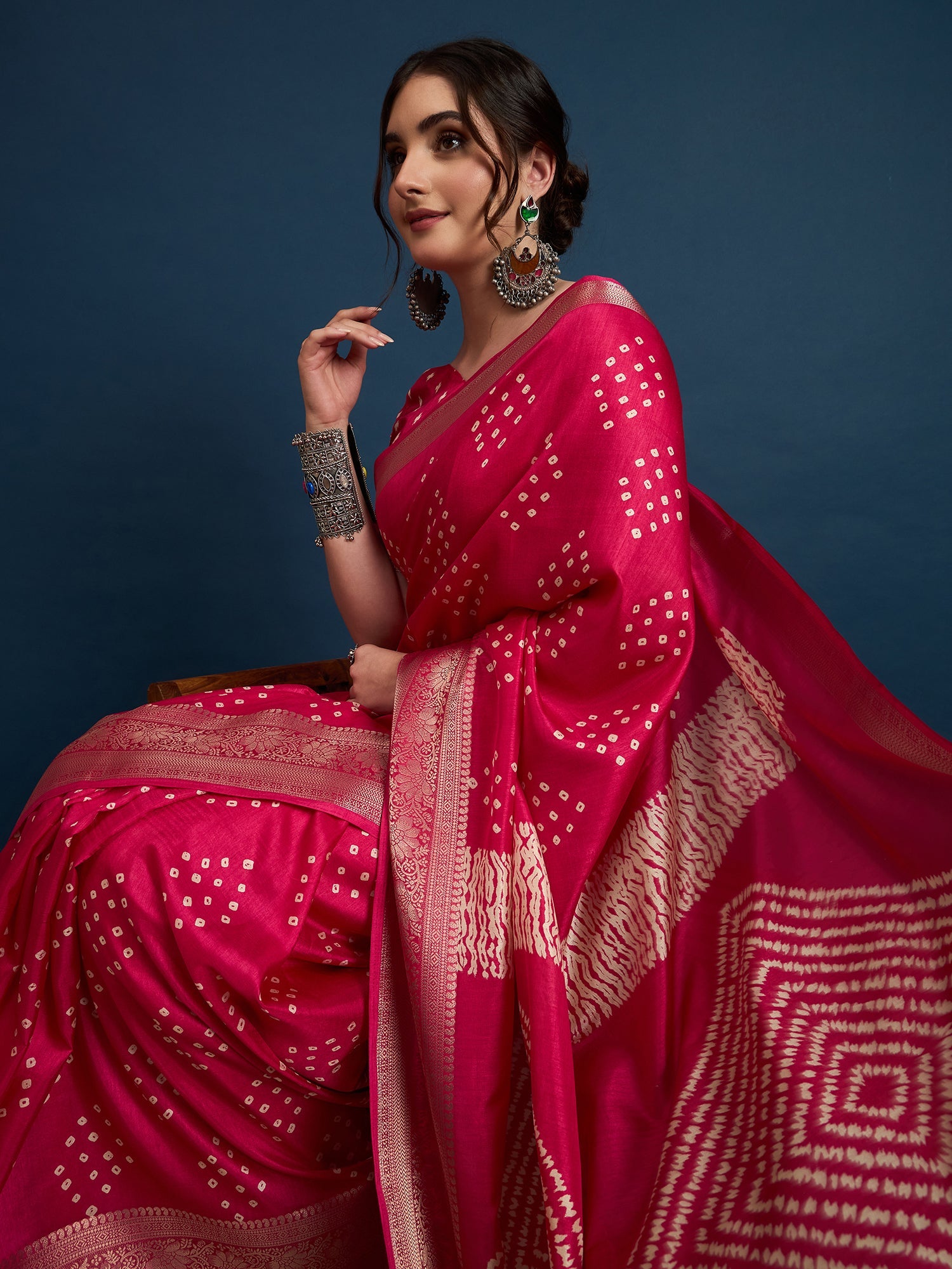 Hot Pink Bandhani Silk Saree - Ressa