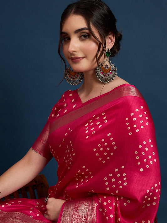 Hot Pink Bandhani Silk Saree - Ressa