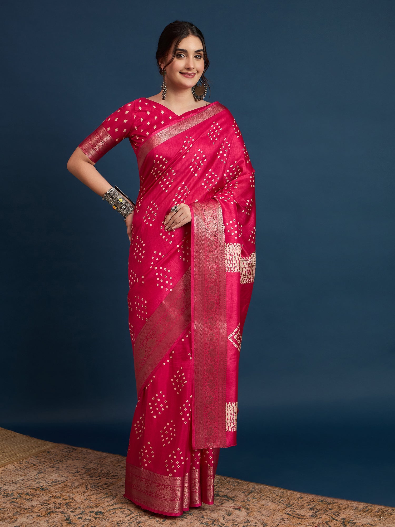 Hot Pink Bandhani Silk Saree - Ressa