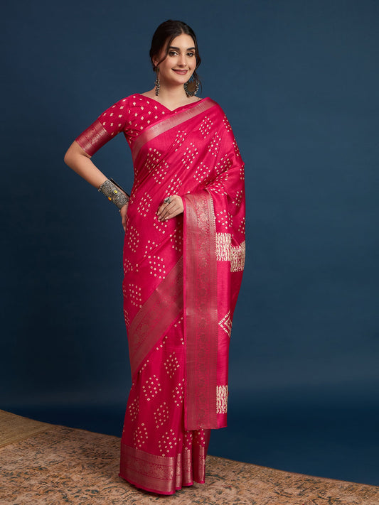 Hot Pink Bandhani Silk Saree - Ressa