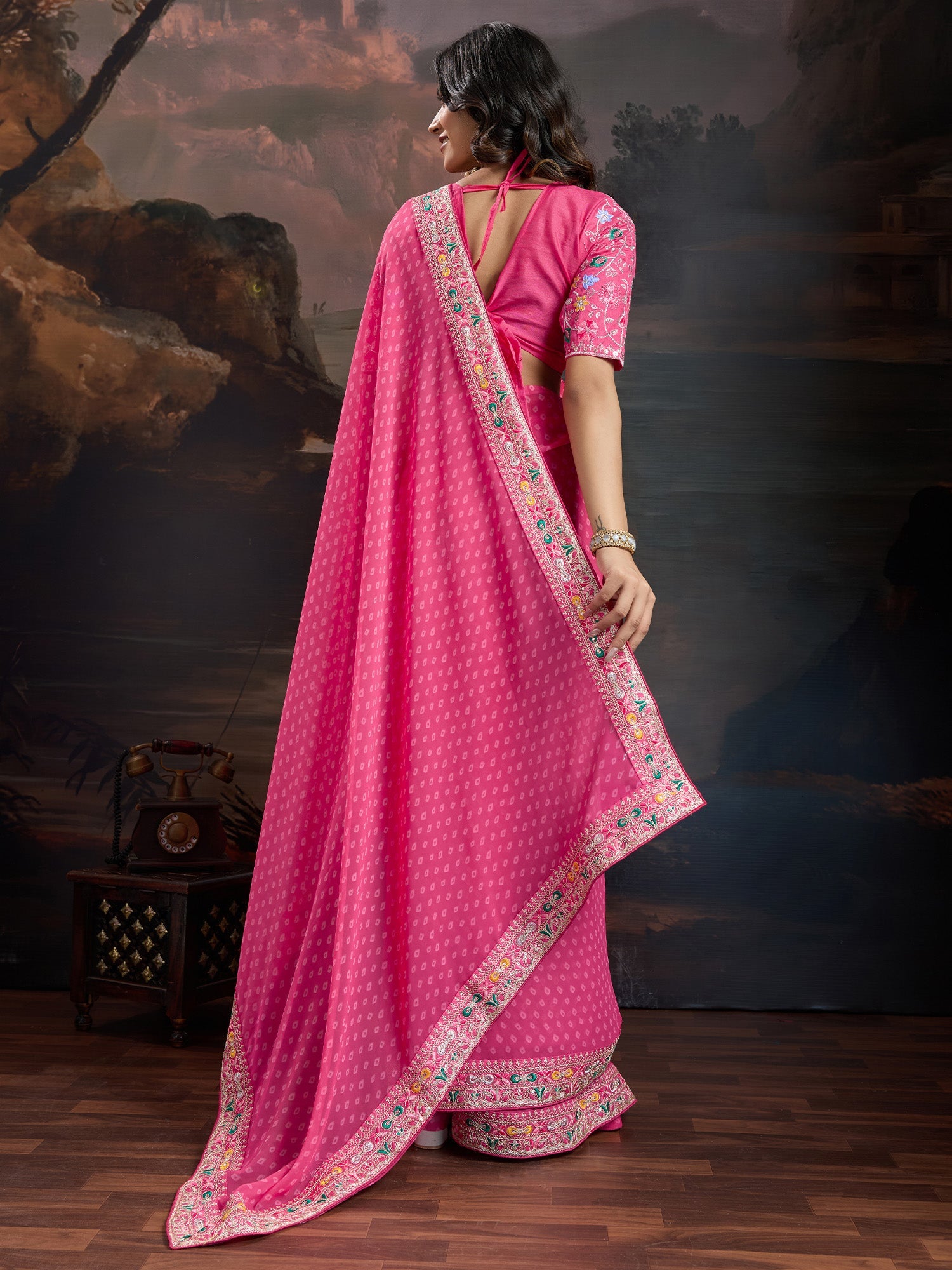Hot Pink Bhandhni Georgette Saree - Ressa