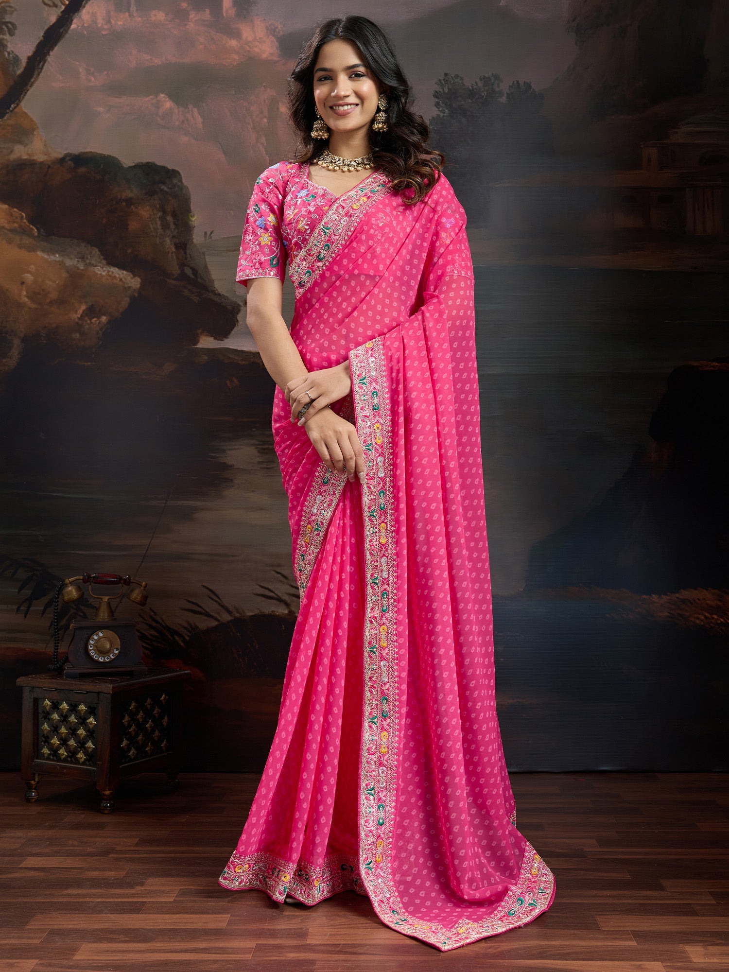 Hot Pink Bhandhni Georgette Saree - Ressa