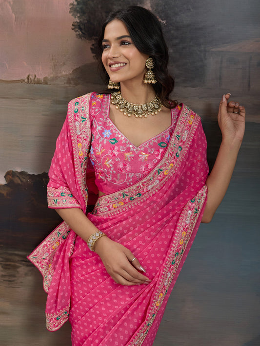 Hot Pink Bhandhni Georgette Saree - Ressa