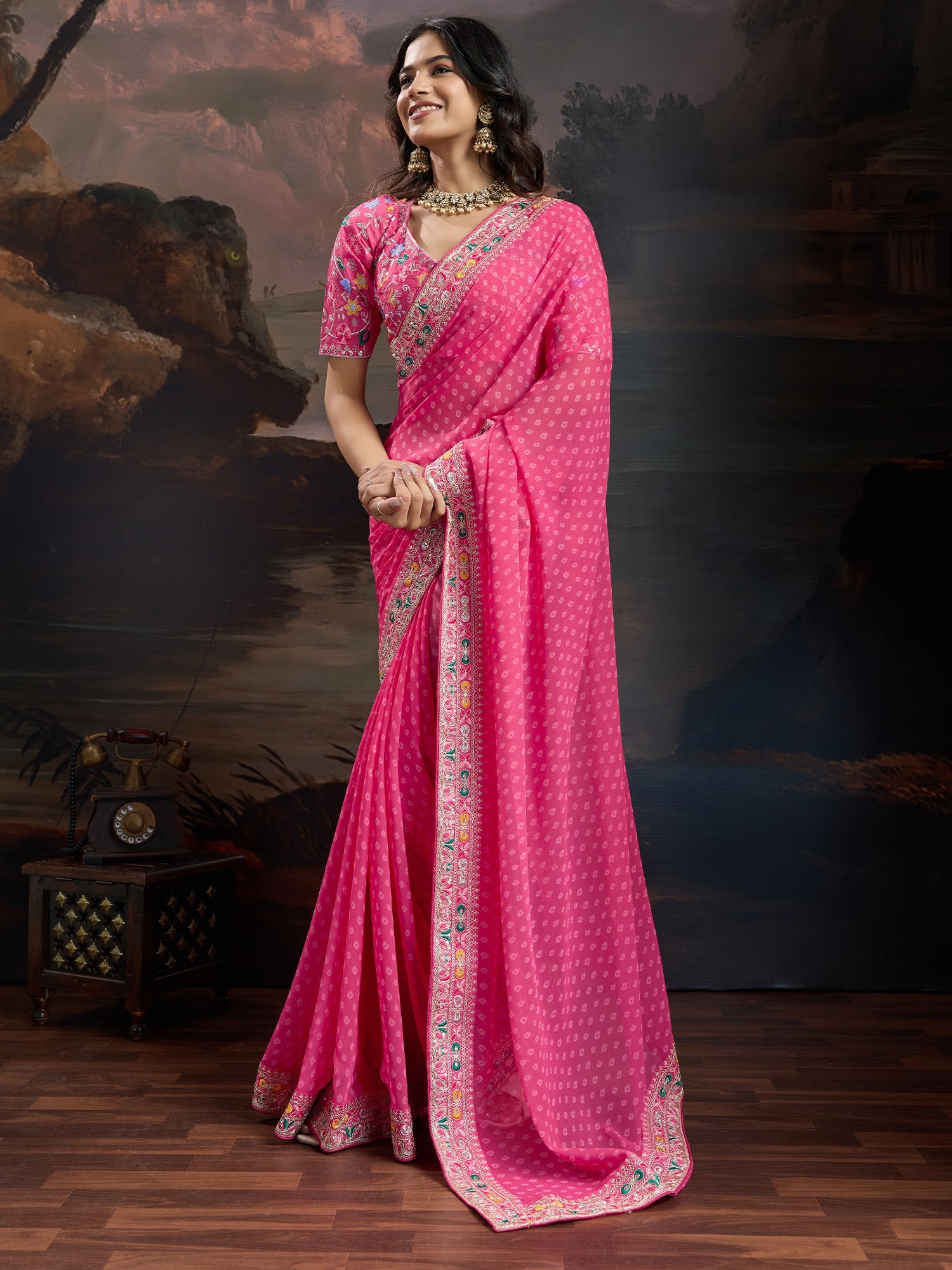 Hot Pink Bhandhni Georgette Saree - Ressa