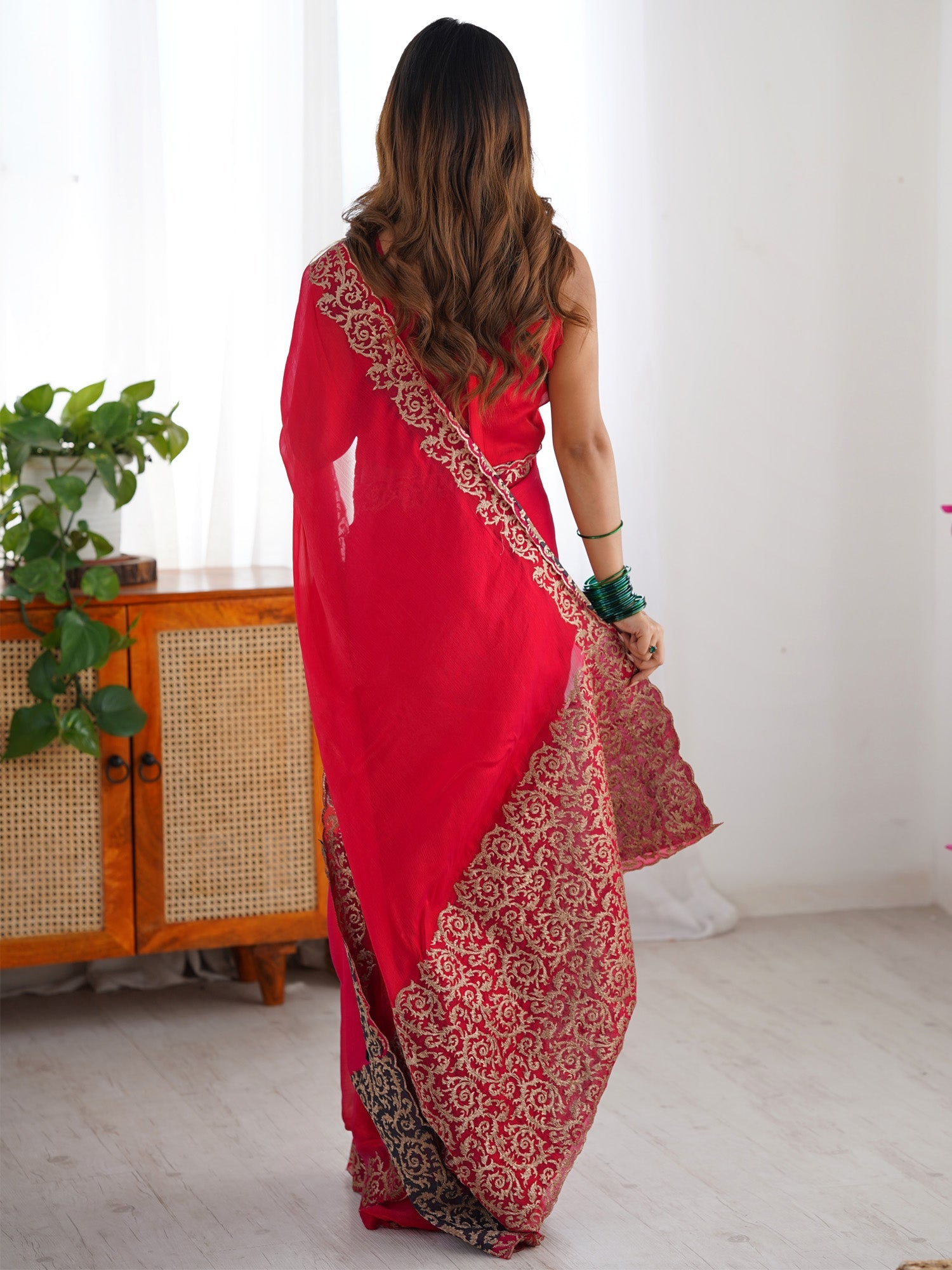 Hot Pink Georgette Embroidered Border Saree - Ressa