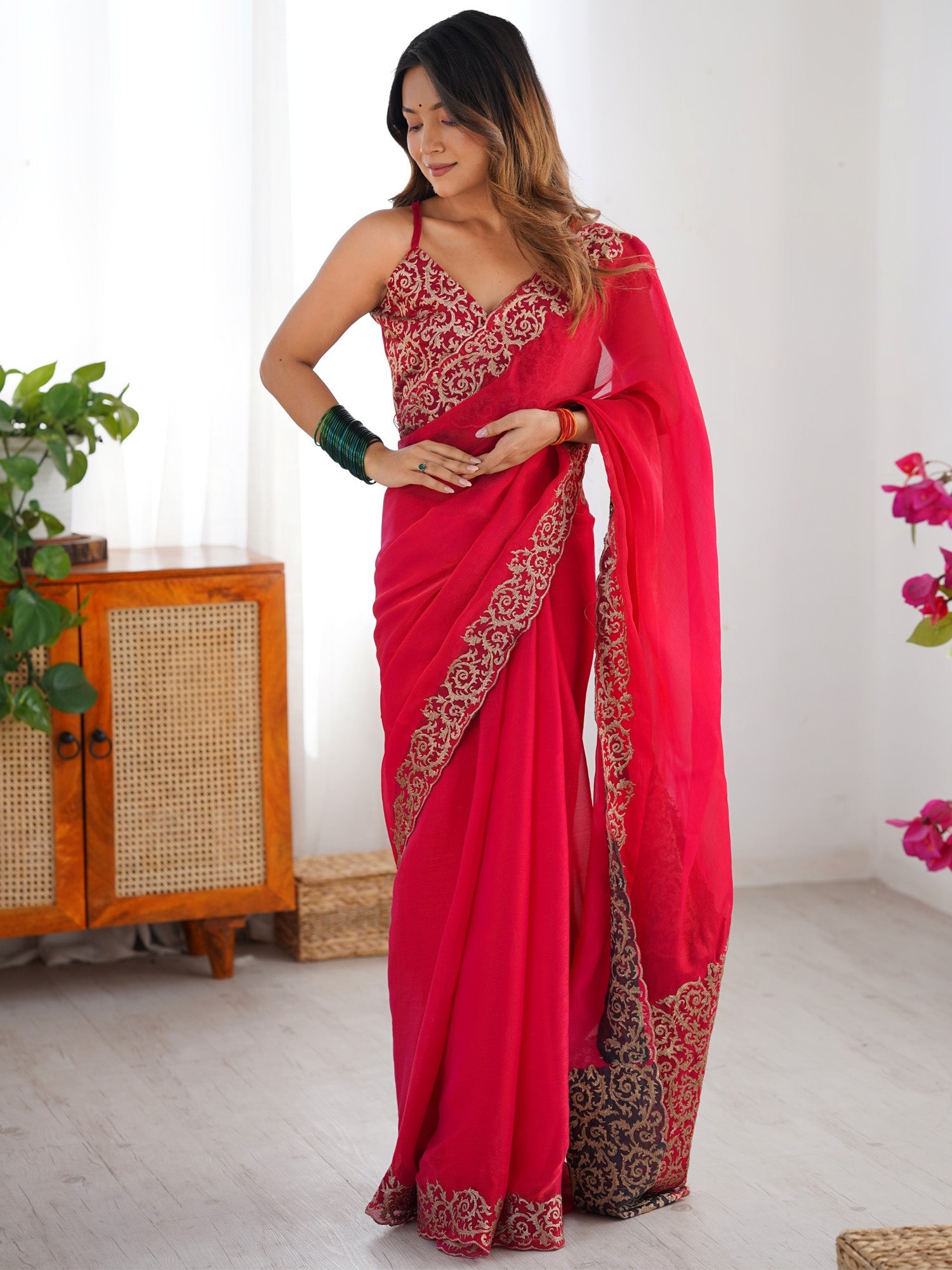Hot Pink Georgette Embroidered Border Saree - Ressa