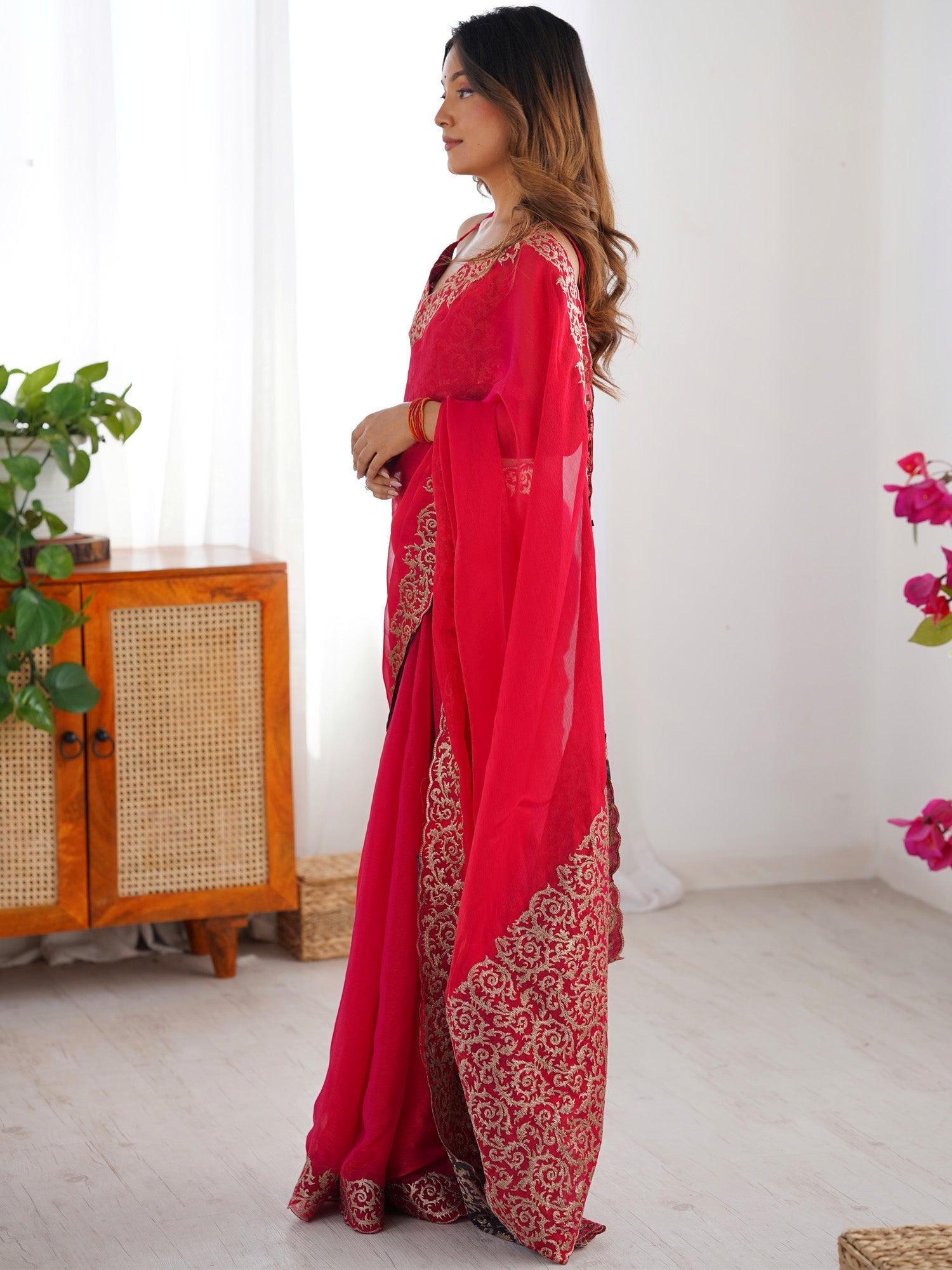 Hot Pink Georgette Embroidered Border Saree - Ressa