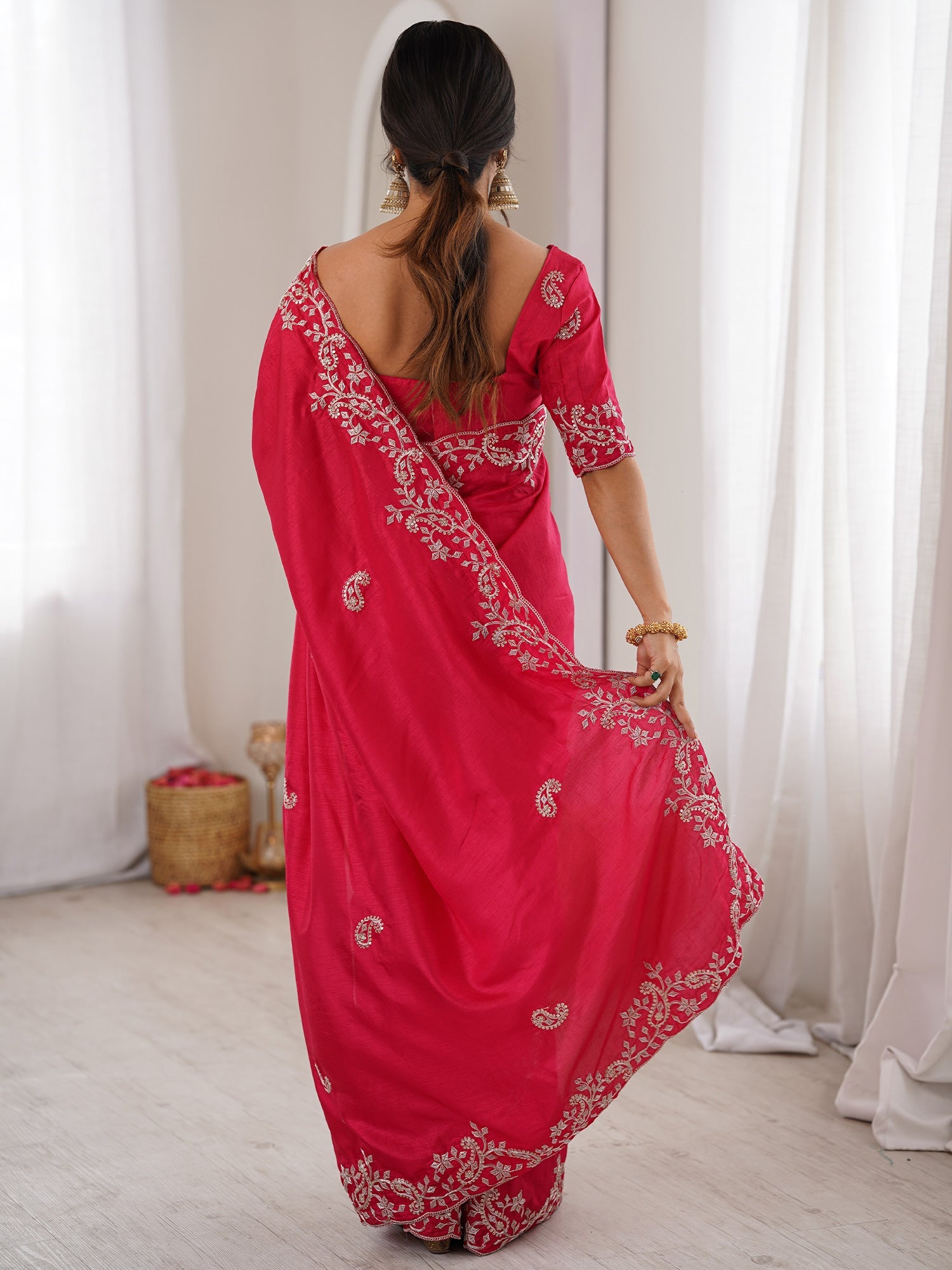 Hot Pink Georgette Saree with Scalloped Embroidery - Ressa